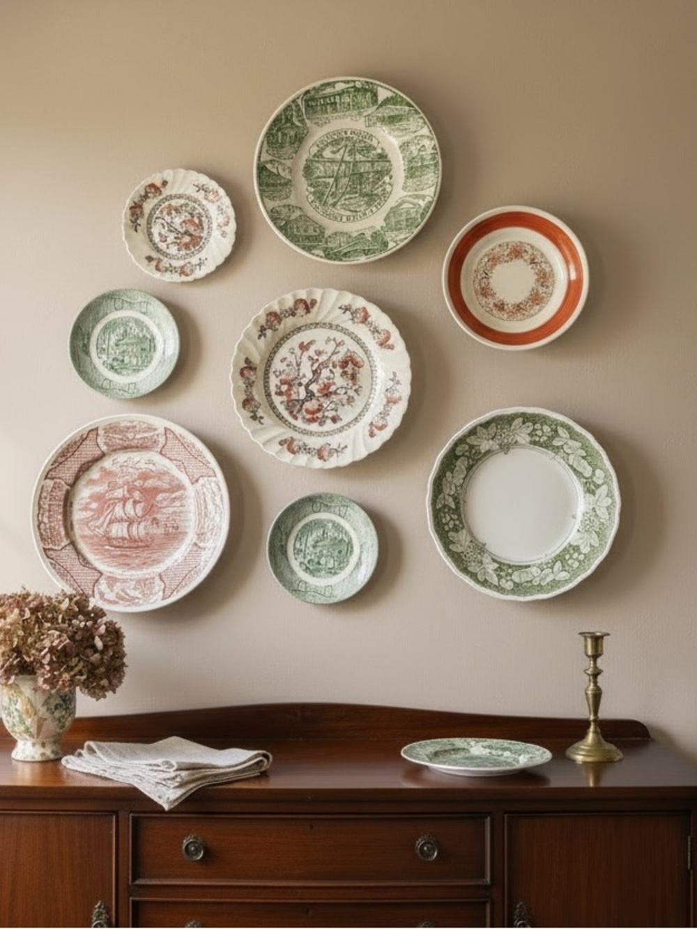 Classic Decorative Wall Plates Set - Green and Brown Patterned Transferware